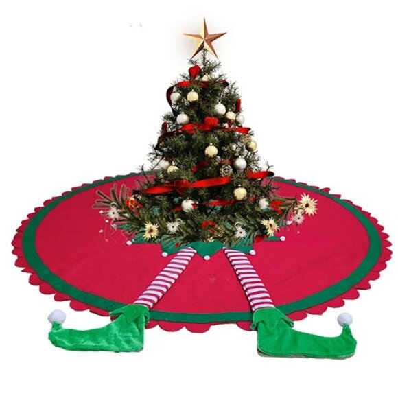 48" Big Elf Christmas Tree Skirt with Striped Legs and Ripple Trim Border, - Picture 3 of 8